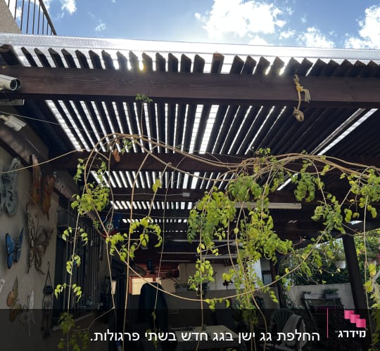 פרגולה מעץ עם צמחים מטפסים ועיטורי פרפרים